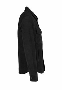 Fekete velúr dzseki gallérral, oldalzsebekkel és egy mellzsebbel. Sima textúrájú, gombos díszítéssel. Oldalnézet.