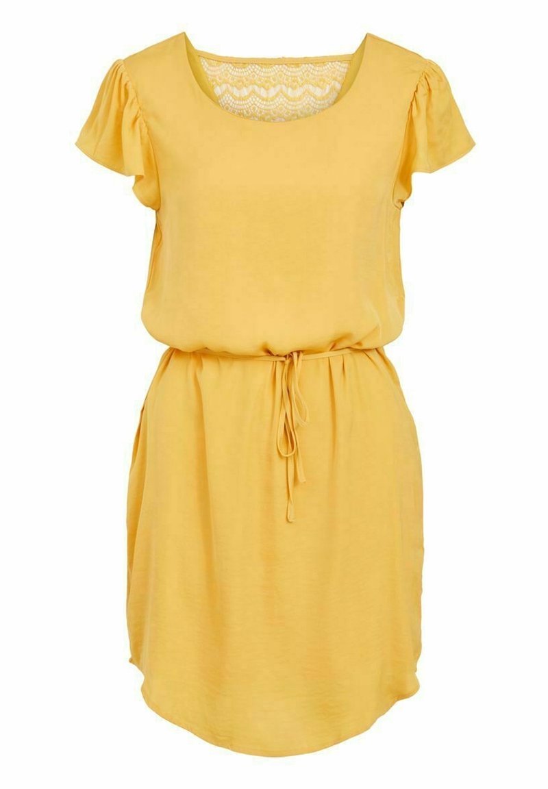 Robe jaune à manches courtes avec une taille froncée et un cordon de serrage. Tissu lisse et détails en dentelle au niveau de l'encolure. Ourlet légèrement arrondi.