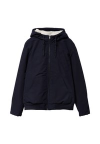 Giacca zip-up blu navy con cappuccio, caratterizzata da un morbido rivestimento bianco, due tasche frontali, polsini elasticizzati e orlo a coste.