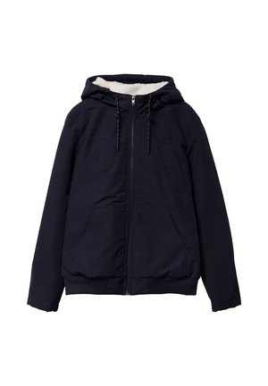 Chaqueta con cremallera de color azul marino y capucha, con un suave forro blanco, dos bolsillos frontales, puños elásticos y dobladillo acanalado.