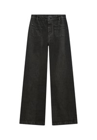 Jean large noir en denim, doté d'une taille haute, de deux poches avant et de deux poches arrière avec une finition texturée subtile.