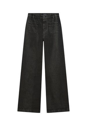 Schwarze weit geschnittene Jeans aus Denim mit hoher Taille, zwei vorderen Taschen und zwei hinteren Taschen, die über eine dezente Textur verfügen.