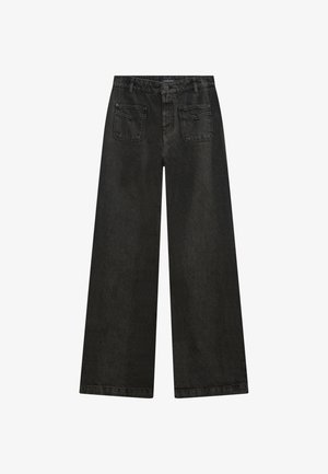Black wide-leg jeans made of denim, featuring a high waist, two front pockets, and two back pockets with a subtle textured finish.