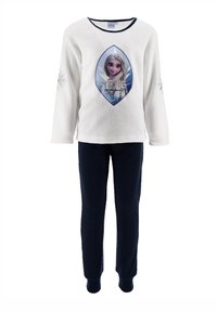 Fleece-Pyjama-Set mit weißem Langarmoberteil, das ein Grafikmotiv eines Charakters zeigt, und navyfarbenen elastischen Hosen, weicher Textur und enganliegenden Bündchen.