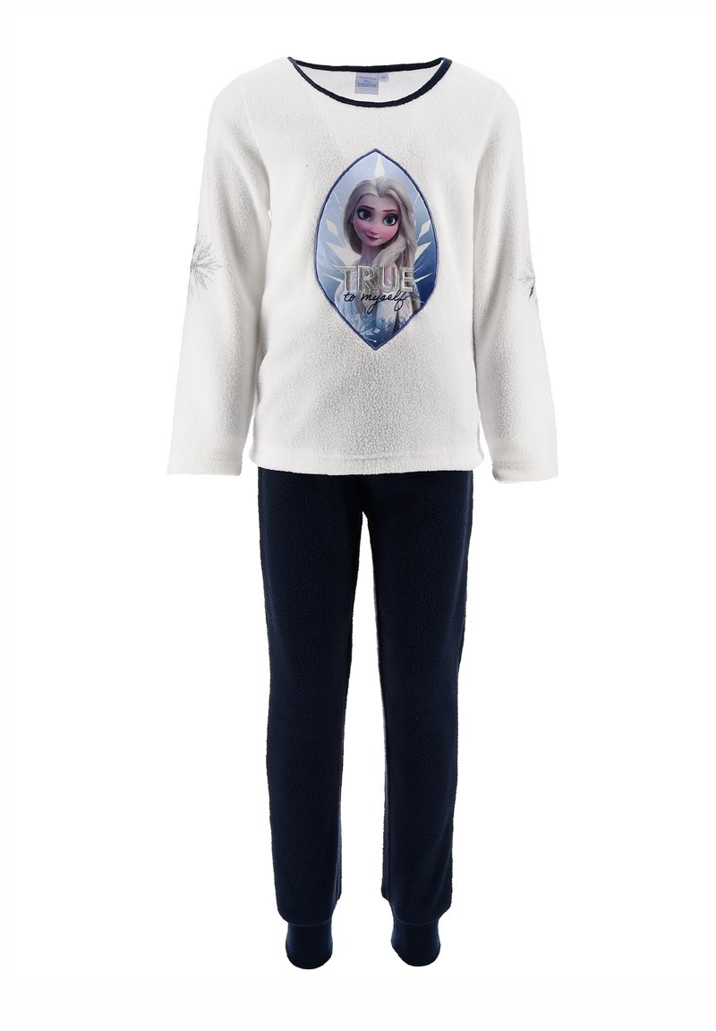 Fleece-Pyjama-Set mit weißem Langarmoberteil, das ein Grafikmotiv eines Charakters zeigt, und navyfarbenen elastischen Hosen, weicher Textur und enganliegenden Bündchen.