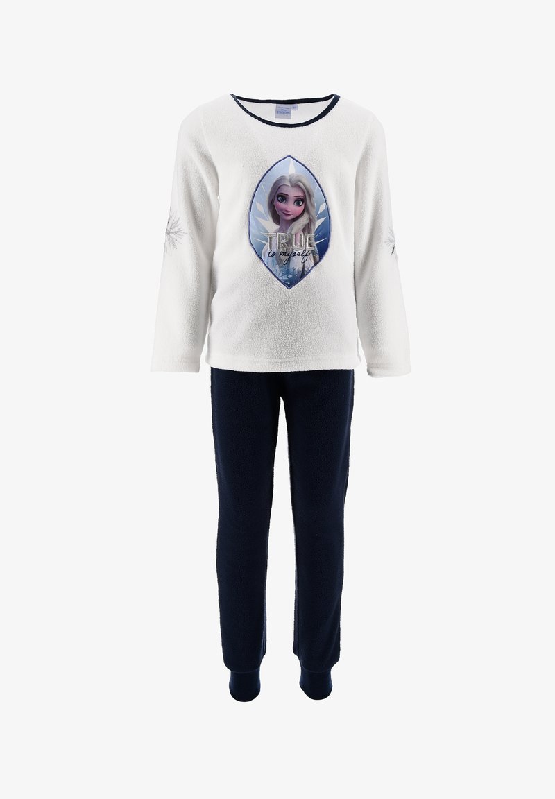 Ensemble de pyjama en polaire comprenant un haut à manches longues blanc avec un motif de personnage et un pantalon élastique bleu marine, texture douce et poignets ajustés.