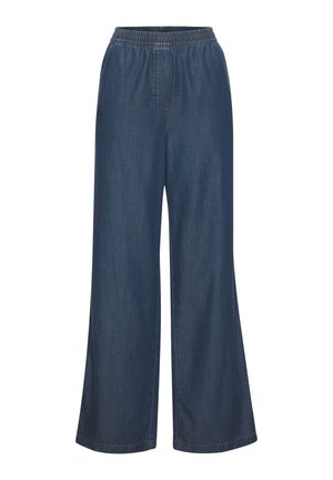 Wide-leg blue denim pants with elastic waistband and no visible pockets or embellishments, displayed on a white background.