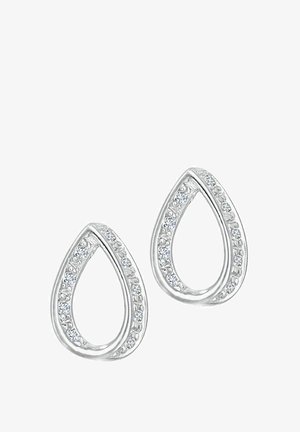 Hopeiset pisarakorvakorut, joissa on sileä pinta ja rivistö kirkkaita kristalleja sisäreunalla, heijastaen valoa hienovaraisesti.