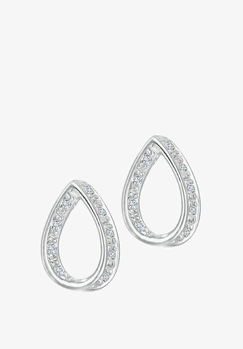Pendientes de lágrima de plata con una superficie lisa y una fila de cristales transparentes a lo largo del borde interior, reflejando la luz sutilmente.