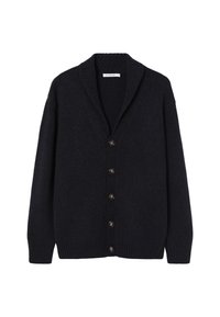 Jūras spēku zils adīts džemperis ar ribotu apakšmalu, šalli apkakli un sešiem brūniem pogām priekšā. Mīksta tekstūra ar standarta piegriezumu.