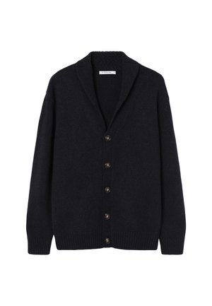 Cárdigan de punto en color navy con dobladillo acanalado, cuello de chal y seis botones marrones en la parte delantera. Textura suave con un corte estándar.