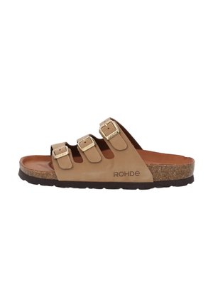 Rohde sandals in beige with three adjustable buckle straps and a cork footbed. Features a smooth texture and flat rubber sole.
