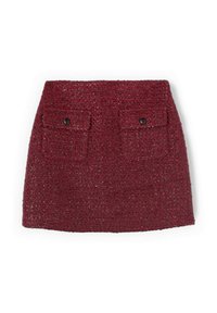 Rode minirok van tweed met een gestructureerd oppervlak, twee voorzakken met zwarte knopen, en een aansluitende pasvorm.