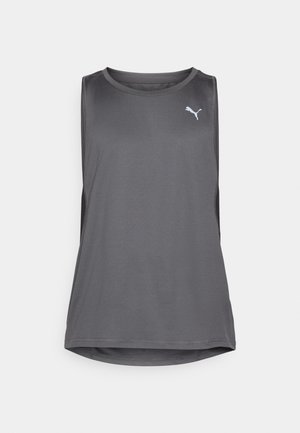 Grå ärmlös atletisk tanktop i ventilerande tyg med rund halsringning och sidokut. Vit logotyp framtill.