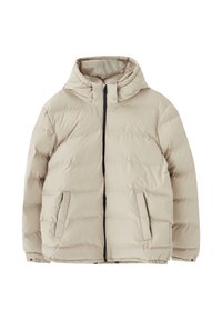 Beige donzen jas met capuchon, voorzien van een ritssluiting aan de voorkant, twee zijzakken en elastische manchetten voor een aansluitende pasvorm. Gladde, doorgestikte textuur.