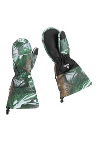 Manoplas aisladas con un diseño de pinos verdes, interior negro, muñeca elástica y cordón ajustable para un ajuste seguro.