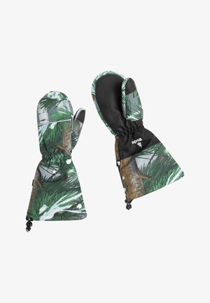 Isolerede vanter med et grønt fyrretræsdesign, sort inderside, elastisk håndled og justerbart snoretræk for en sikker pasform.
