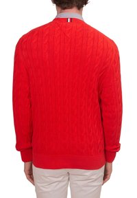 Pull rouge en tricot avec un motif torsadé, avec un ourlet et des poignets côtelés. Le col comporte un accent rayé en bleu, blanc et rouge.