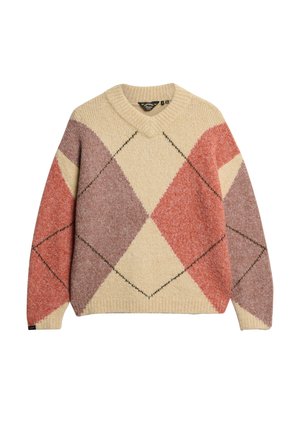 Strikket sweater med et mønster i cremede, rustne og mauve argyle. Design med V-udskæring, tekstureret stof og kontrastfarvet sort syning.
