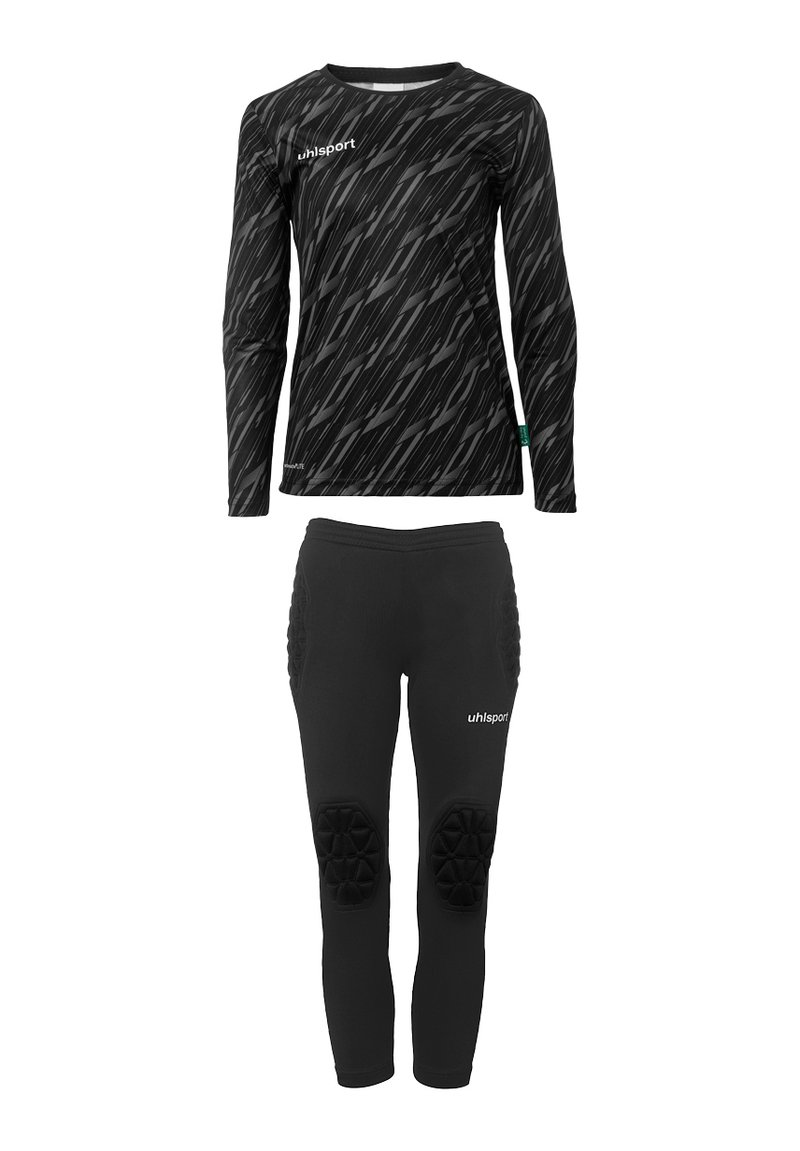 Prestaties sportkleding set in zwart, bestaande uit een langmouwtop met een geometrisch patroon en gevoerde leggings voor impactbescherming.