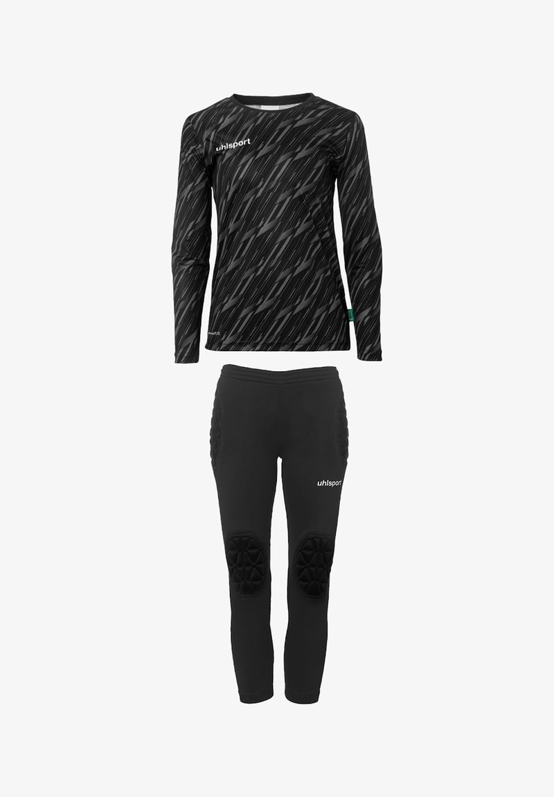 Performance atletik sæt i sort, der inkluderer en langærmet top med et geometrisk mønster og polstrede leggings for stødabsorbering.