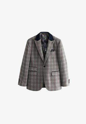 Károvaná blejzer v odtieňoch šedej s námorníckym sametovým golierom. Obsahuje dve predné vrecká, zapínanie na gombík a podšívku s kvetinovým vzorom. Texturovaná tkanina.