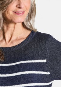 Dunkelblauer Strickpullover mit weißen horizontalen Streifen, runder Ausschnitt und strukturiertem Stoff. Detailansicht des Schulter- und Kragenbereichs.
