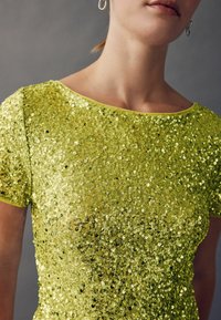 Grön paljetttopp med korta ärmar och bred halsringning. Tyget har täta, glänsande paljetter som reflekterar ljus och skapar en texturerad look.