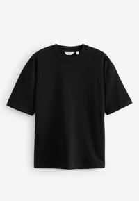 Tricou negru cu mâneci scurte și guler rotund, croială lejeră, afișat pe fundal alb.