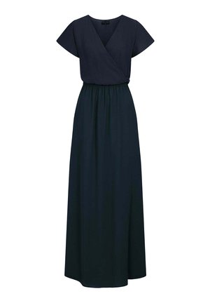 Tmavě modré maxi šaty s krátkými rukávy, zavinovacím výstřihem do V, elastickým pasem a splývavou dlouhou sukní.
