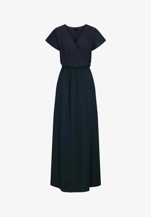 Tmavě modré maxi šaty s krátkými rukávy, zavinovacím výstřihem do V, elastickým pasem a splývavou dlouhou sukní.