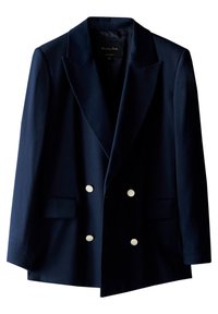 Blazer doppiopetto blu navy con ampi rever e quattro bottoni bianchi, dotato di due tasche con flap sul davanti.
