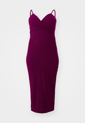 Fitted, ribbed midi dress in deep burgundy with thin straps and a V-neckline, featuring a sleek silhouette and smooth texture.