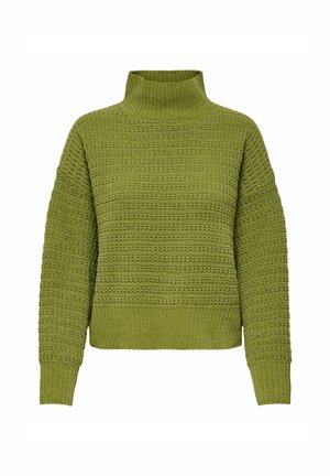 Zeleni pleteni pulover z visokim ovratnikom, ki ima teksturiran vzorec, sproščen kroj ter rebraste manšete in rob.