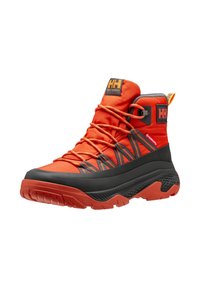 Bottes montantes avec une tige en tissu orange vif, semelle en caoutchouc noire et accents gris. Dotées de lacets réfléchissants et d'un logo embossé.