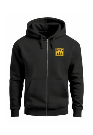 Black zip-up hoodie made of soft fabric, featuring a front kangaroo pocket and a yellow logo with trees on the left chest.