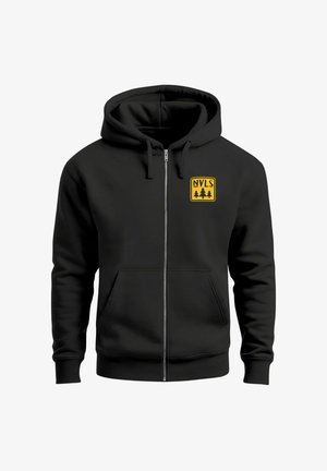 Black zip-up hoodie made of soft fabric, featuring a front kangaroo pocket and a yellow logo with trees on the left chest.