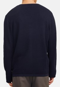 Person, der einen strukturierten, dunkelblauen Langarmpullover trägt, von hinten gesehen, kombiniert mit olivgrünen Hosen vor einem weißen Hintergrund.