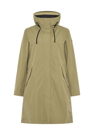 Khakifarbene wasserdichte Jacke mit hohem Kragen, schwarzen Kordeln und Seitentaschen; glatte Textur und gerader, knielanger Schnitt.