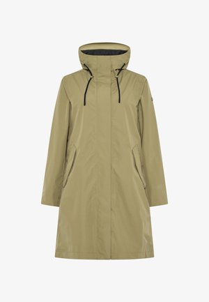 Veste imperméable kaki avec un col montant, des cordons noirs et des poches latérales ; texture lisse et coupe droite arrivant au genou.