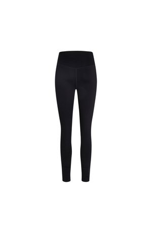 Zwarte leggings met hoge taille, een aansluitende pasvorm en gladde stof, weergegeven tegen een effen witte achtergrond.