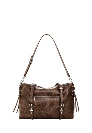 Borsa a mano in pelle marrone con tracolla regolabile, tasca frontale con zip, cinturini con fibbie e dettagli laterali con lacci.