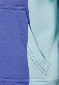 Felpa color block con un lato viola e un lato verde menta. Presenta una tasca frontale e un bordo a coste, realizzata in un morbido tessuto.