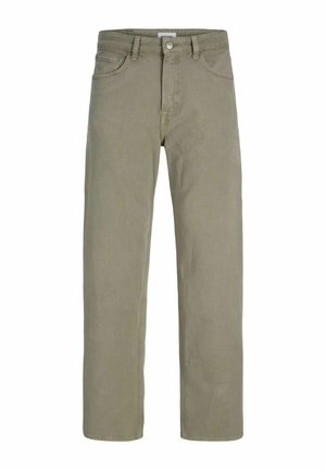Pánske khaki nohavice s rovnými nohavicami, zapínaním na gombíky a zips, pútkami na opasok a prednými i zadnými vreckami.