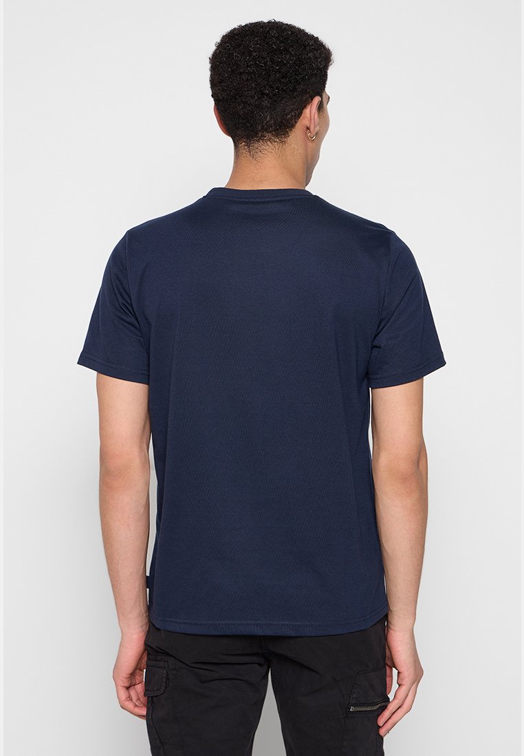 Navyblauwe korte mouwen t-shirt met een ronde hals, gemaakt van een gestructureerde stof, heeft een rechte zoom en een minimalistisch ontwerp zonder patronen.