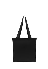 Borsa tote in tessuto nero con due manici a spalla, forma quadrata, texture liscia e senza loghi o motivi visibili.