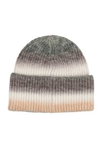 Kootud beanie müts volditud äärtega, millel on gradient triibud rohelise, pruuni, valge ja virsikutooniga.