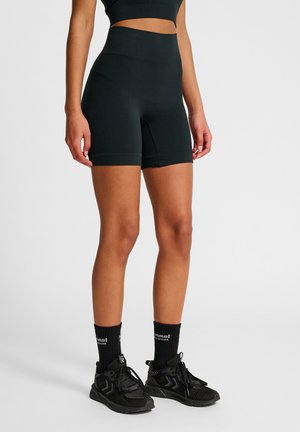 Zwarte high-waisted sportshorts van rekbare stof, met een naadloos ontwerp en een aansluitende pasvorm voor comfort en mobiliteit.