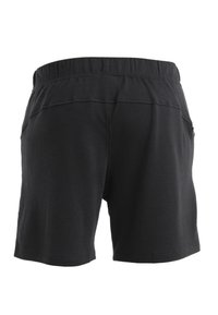 Pantalones cortos de algodón negros con una cinturilla elástica, que presentan una textura suave y un diseño simple. Sin bolsillos visibles ni adornos.