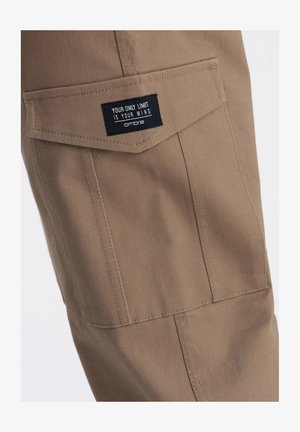 Ruskeat kangasfarkut, joissa on suuri läpällinen tasku ja musta etiketti, jossa lukee valkoisella tekstillä "AINOA RAJOITUS ON MIELI."